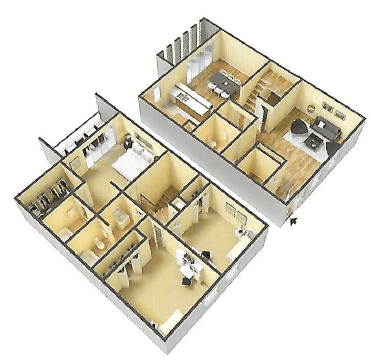 Floor plan for 3 beds, 2.5 baths, 1442 sqft